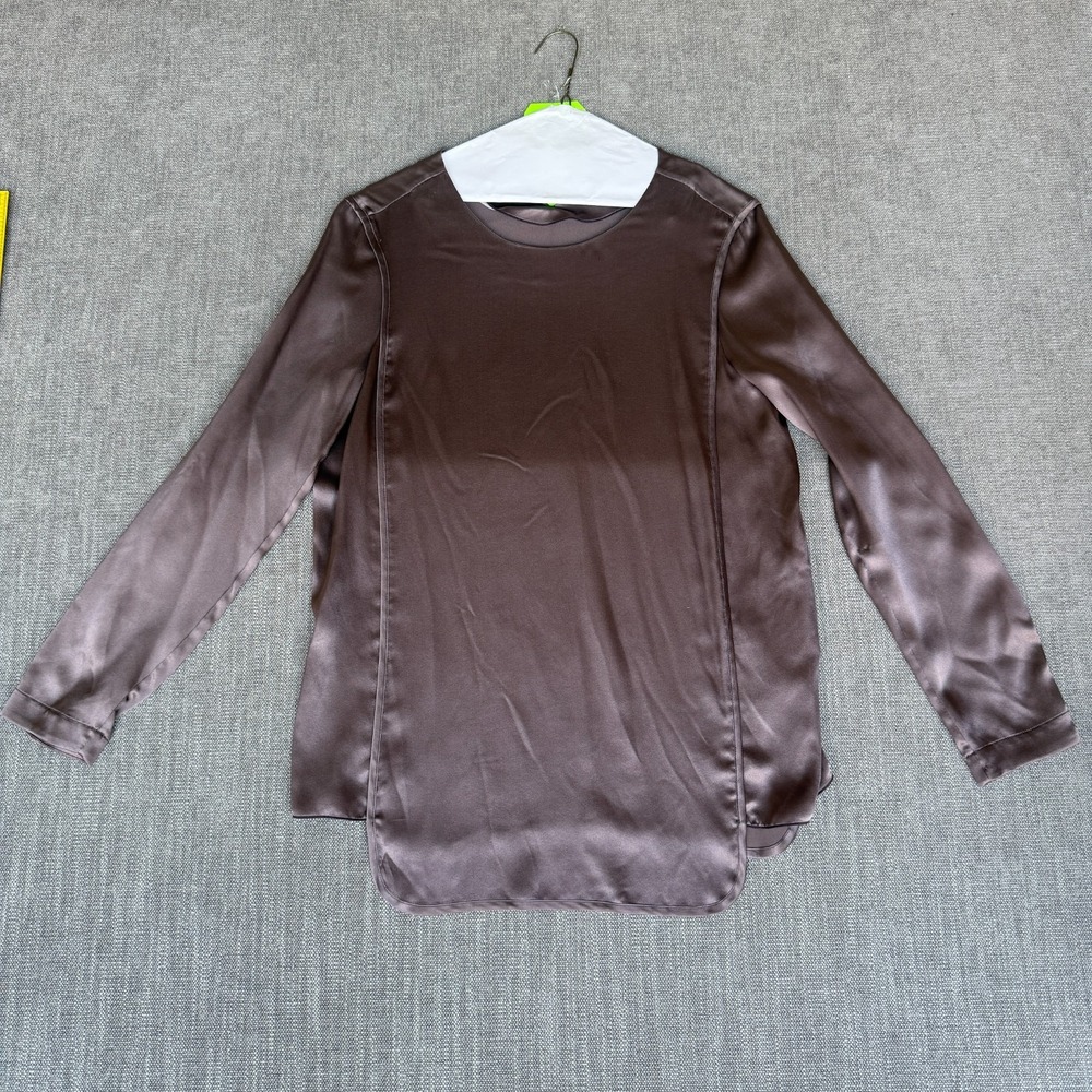 Womens Blouse Top Purple Satin Long Sleeve Lightweight Curved Hem Keyhole Back